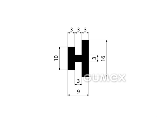 "H" Silikonprofil, 16x9/3/3mm, 75°ShA, -60°C/+180°C, schwarz, 